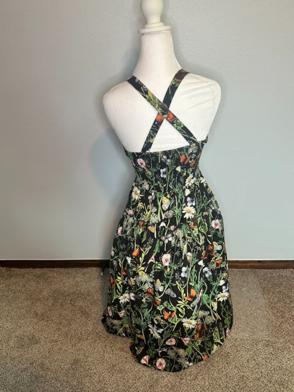 Avec Les Filles Floral Butterfly Print Smocked Bodice Linen Blend Midi Dress - 4